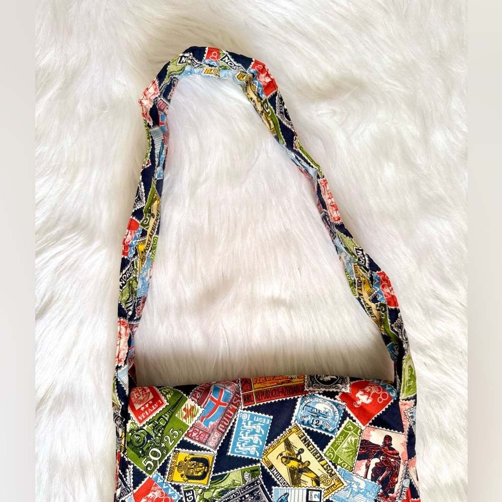 Vintage Postage Stamp Print Shoulder Bag Multicolor Travel-Inspired Handmade - Picture 4 of 11